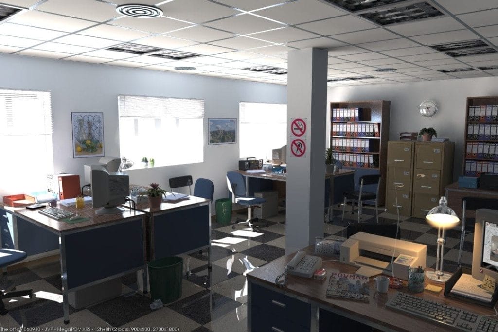 A sunlit office with several desks, chairs, computers, and filing cabinets shows signs of ongoing property maintenance. Potted plants, binders, and papers are visible. Walls have windows, pictures, and a no-smoking sign. The floor is checkered tile.