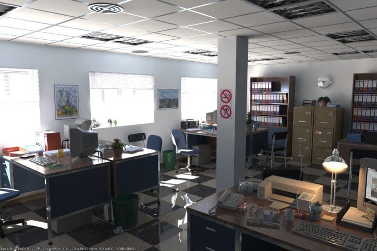 A sunlit office with several desks, chairs, computers, and filing cabinets shows signs of ongoing property maintenance. Potted plants, binders, and papers are visible. Walls have windows, pictures, and a no-smoking sign. The floor is checkered tile.