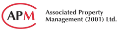 Logo for Associated Property Management (2001) Ltd. with the letters "APM" in black and red inside a red oval, highlighting their Property Maintenance and Janitorial Cleaning services, and the company name to the right in black on a light background.