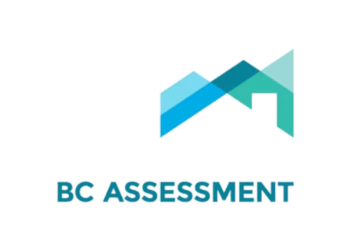 BC Assessment logo featuring overlapping blue and teal geometric shapes forming a stylized mountain, with the words "BC ASSESSMENT" in bold blue letters below, representing trusted property maintenance and assessment services.