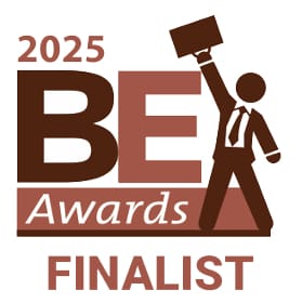 Logo for the 2025 BE Awards Finalist, featuring a stylized figure in a suit holding a briefcase above their head, with the text "2025 BE Awards Finalist" in bold and script fonts—perfect for recognizing leaders in Commercial Cleaning.