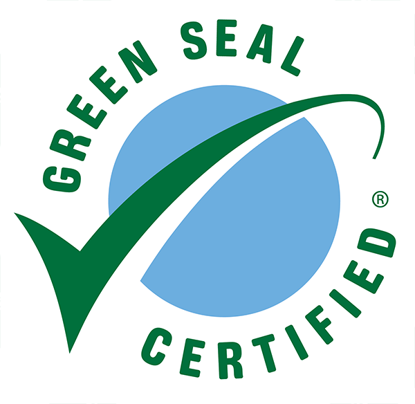 Green Seal Certified logo featuring a large green checkmark over a blue circle, with the words "Green Seal Certified" curved around the image.
