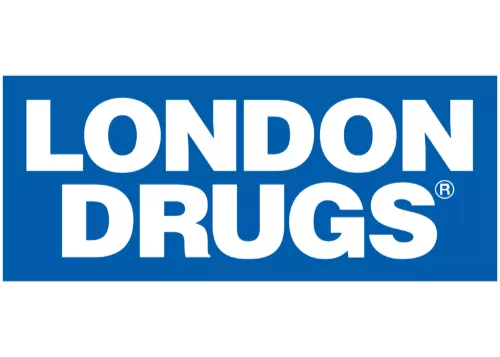 The image shows the "London Drugs" logo with bold white letters on a blue rectangular background, often seen at locations where commercial cleaning and property maintenance ensure a spotless and inviting environment.
