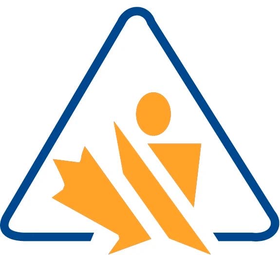 A blue-outlined triangle with an abstract orange figure inside, resembling a person with geometric shapes and a maple leaf design element.