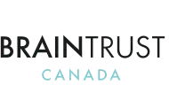Logo with the text "BRAINTRUST CANADA" in capital letters, where "BRAINTRUST" is in black and "CANADA" is in light blue, ideal for a janitorial cleaning or property maintenance business.