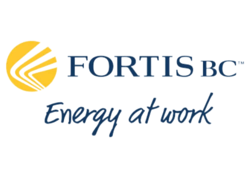 FortisBC logo with a yellow circular graphic on the left and blue text reading "FORTISBC" above the slogan "Energy at work" in italic script, ideal for businesses focused on Property Maintenance or Commercial Cleaning.