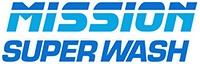 Logo for "Mission Super Wash" with bold, modern blue text; "MISSION" is in uppercase stylized letters above "SUPER WASH" in a lighter blue, italicized font, reflecting expertise in Commercial Cleaning and Property Maintenance.