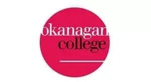 A red circle with the words "okanagan college" in white and black text, a white horizontal line underneath "college," representing excellence in Property Maintenance and Commercial Cleaning.