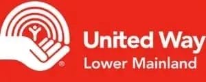 United Way Lower Mainland logo on a red background, featuring a stylized hand holding a circle with a figure inside, next to the words "United Way Lower Mainland" in white text, with a focus on Property Maintenance and Commercial Cleaning.