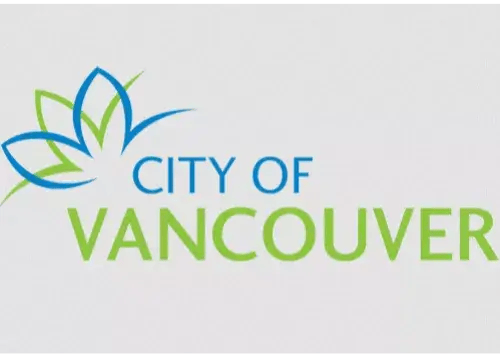 The logo for the City of Vancouver features a stylized blue and green leaf design to the left, with the words "CITY OF VANCOUVER" in blue and green text—reflecting the city's commitment to commercial cleaning and property maintenance—on a white background.