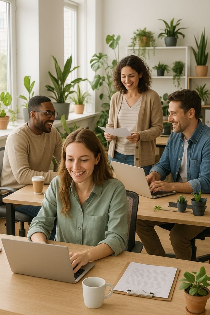 Four people in a bright, plant-filled office work together. Two are seated with laptops, a woman stands holding papers, and a man laughs. Coffee cups and documents rest on desks, showcasing the results of expert commercial cleaning.