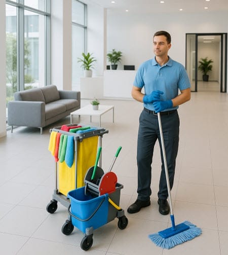 A janitor wearing blue gloves and a blue shirt stands in a modern, bright lobby holding a mop, showcasing professional janitorial cleaning. A cleaning cart with colorful supplies is beside him, with plants and couches in the background.
