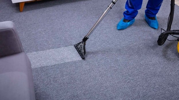 A person wearing blue shoe covers is cleaning a gray carpet with a carpet cleaning machine, leaving a visibly cleaner path next to a sofa.