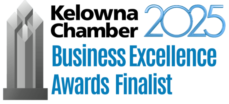 Logo for the Kelowna Chamber 2025 Business Excellence Awards Finalist, featuring a stylized gray trophy and bold text in black and blue, representing excellence in Commercial Cleaning and business achievement.