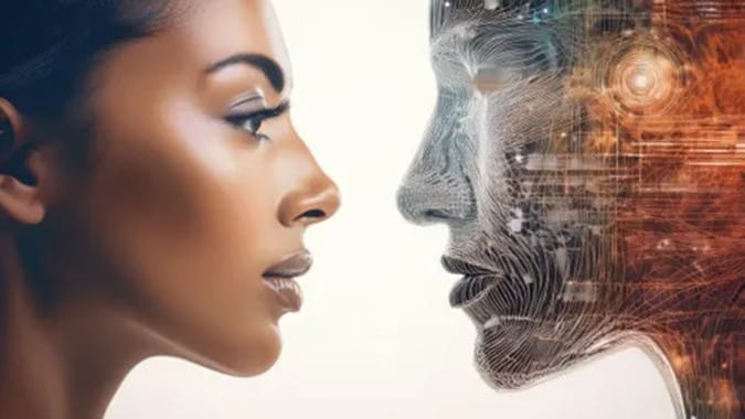 A woman faces a digital, abstract representation of a human head, symbolizing interaction or connection between humans and artificial intelligence.