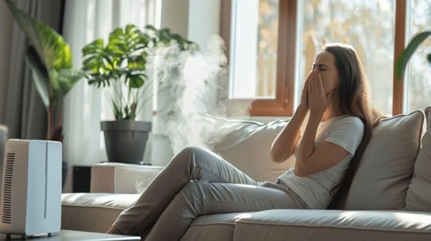 A woman sits on a couch in a bright living room, covering her nose and mouth with her hands. A humidifier nearby emits visible mist, and there are green plants by the window in the background.