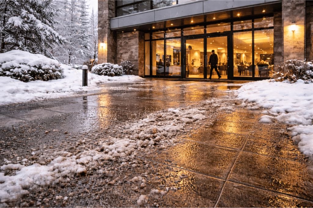 A hotel entrance with glass doors is seen from a snowy, icy pathway. A person stands inside the warmly lit lobby, while snow covers the trees and bushes outside. The ground appears wet, slushy, and slippery.