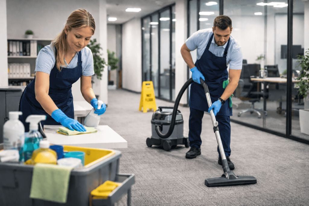 Two janitors in uniform and gloves clean an office; one woman wipes a desk, while a man vacuums the carpet. Cleaning supplies and a caution sign are visible in the modern workspace.