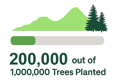 A progress bar below green mountains and trees shows 200,000 out of 1,000,000 trees planted.