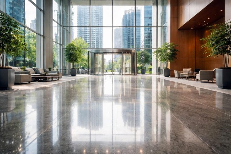 Spacious modern building lobby with tall glass windows, polished floor, potted trees, and seating areas. City skyscrapers and greenery are visible through the windows and glass doors.
