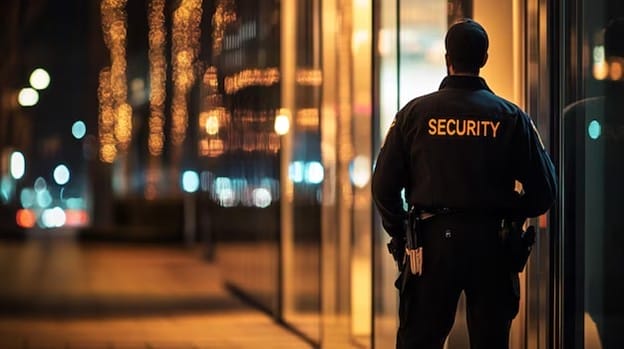 A security guard in uniform stands facing a glass building at night, with city lights and reflections illuminating the surroundings. The word "SECURITY" is visible on the back of the guard’s jacket.