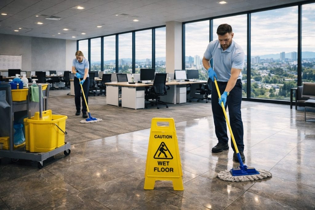 Two janitors in blue uniforms mop the floor of a modern office with large windows. A yellow "Caution Wet Floor" sign is placed between them, and cleaning supplies are visible on a cart.