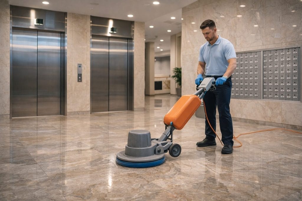 A man wearing blue gloves operates a floor polishing machine on a shiny marble floor in a building lobby, with elevators and a wall of mailboxes in the background.