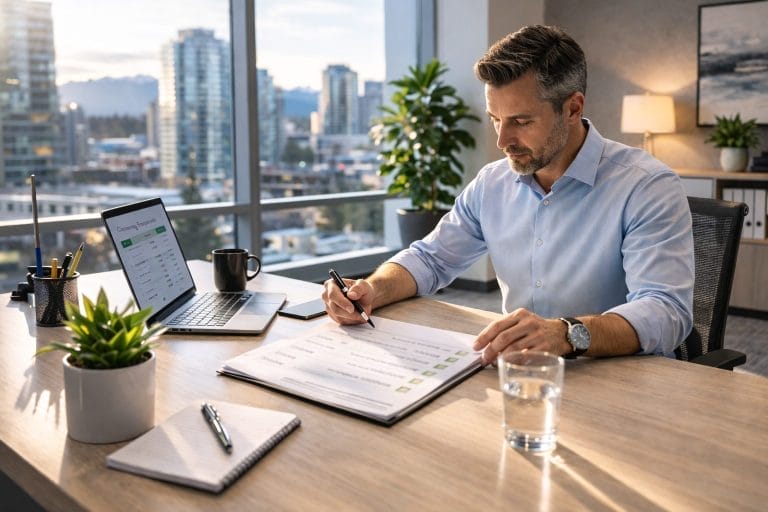 A man sits at a modern office desk, reviewing and signing documents. A laptop, notebook, smartphone, coffee cup, and glass of water are on the desk. Large windows show a cityscape in the background.