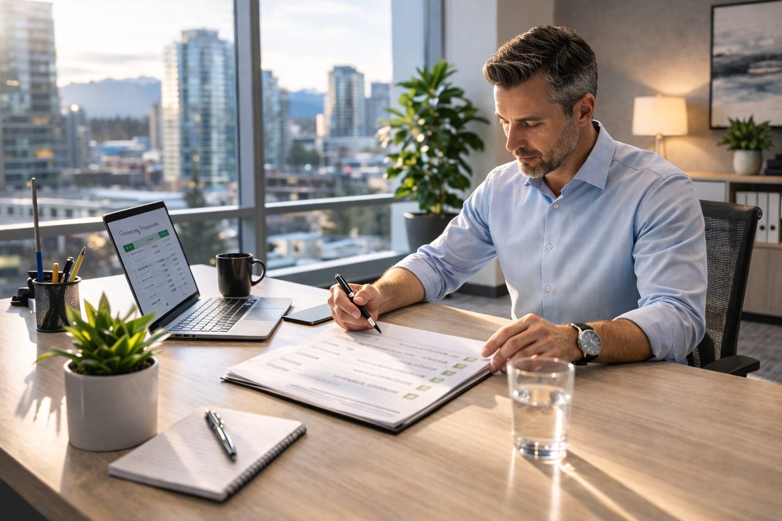 A man sits at a modern office desk, reviewing and signing documents. A laptop, notebook, smartphone, coffee cup, and glass of water are on the desk. Large windows show a cityscape in the background.