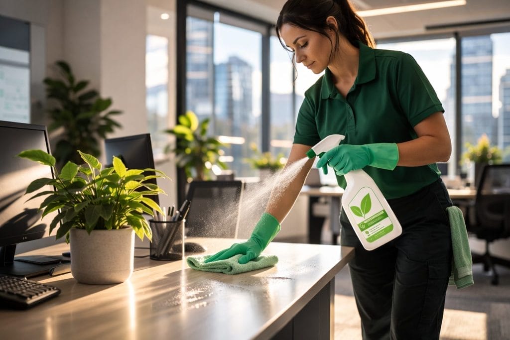 A woman wearing green gloves sprays eco-friendly cleaner on an office desk and wipes it with a cloth. The modern office space is bright, with computers, large windows, and a potted plant on the desk.
