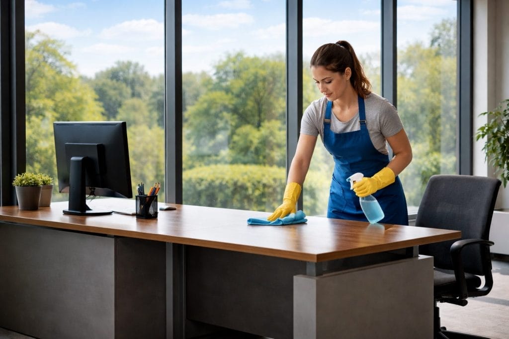 A person wearing yellow gloves and a blue apron cleans an office desk with a spray bottle and cloth. The desk has a computer, potted plant, and supplies. Large windows show a green, leafy view outside.