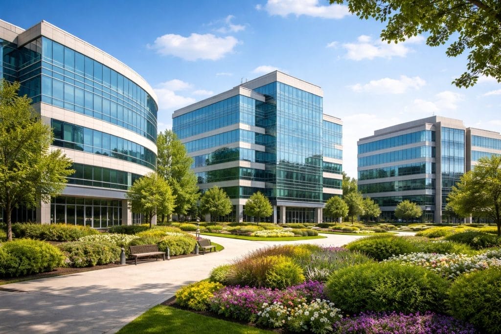 Modern office buildings with glass facades surrounded by landscaped gardens, colorful flowers, and neatly trimmed bushes on a sunny day with a blue sky. Pathways and benches are visible among the greenery.