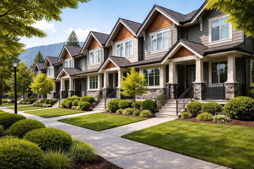 A row of modern, two-story townhouses with front porches, manicured lawns, bushes, and trees lining a sidewalk on a sunny day, with mountains visible in the background.