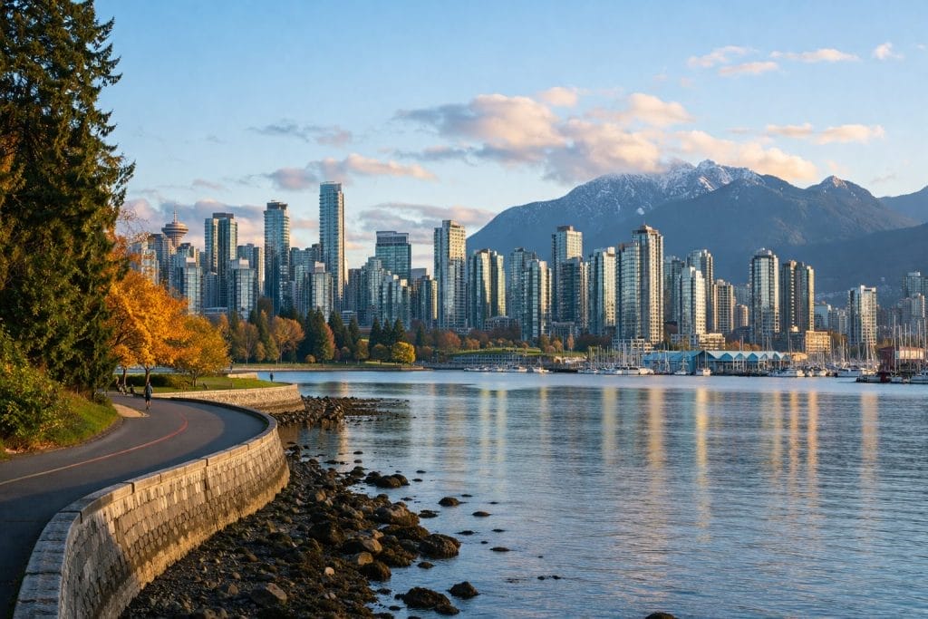 A paved seawall path curves along the waterfront with trees on the left, leading to a city skyline of tall buildings; mountains are visible in the background under a partly cloudy sky.