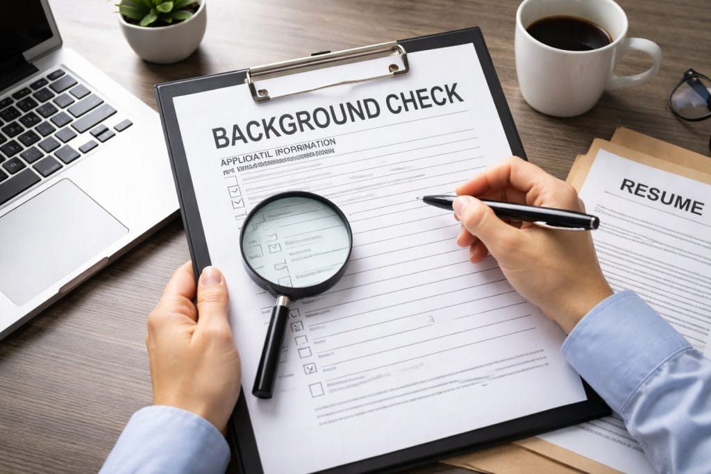 A person fills out a background check form on a clipboard with a pen, holding a magnifying glass over the document. A resume, laptop, coffee cup, and plant are on the desk.