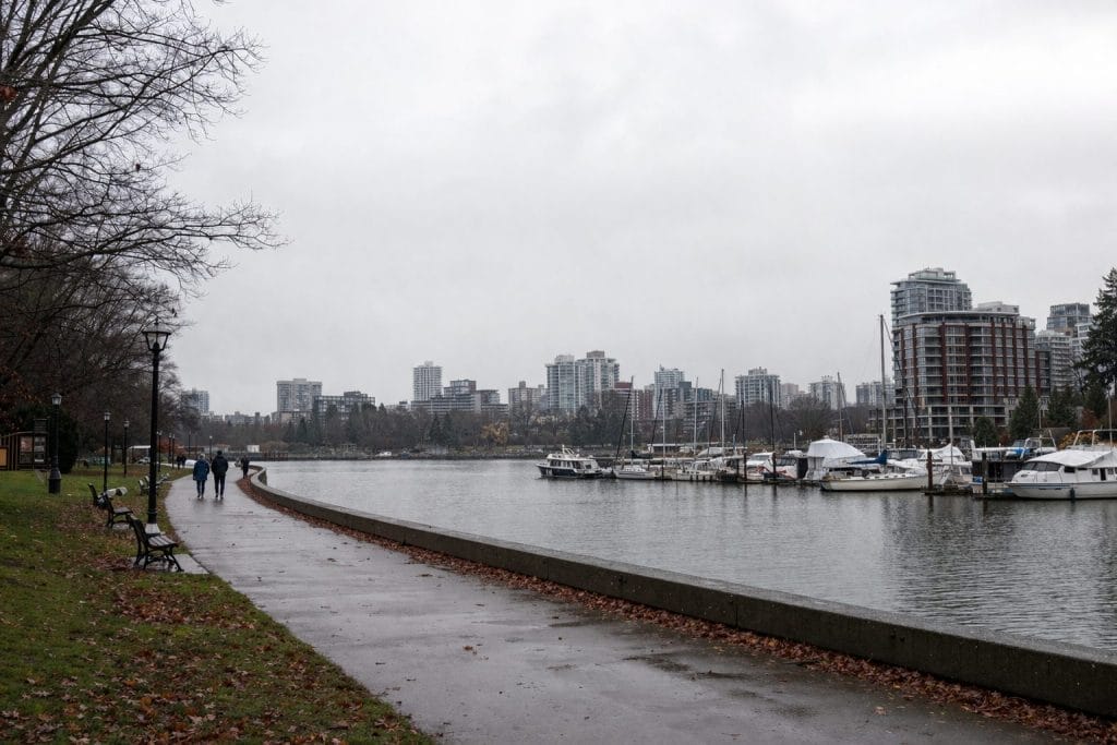 A cloudy waterfront scene shows a paved path beside a marina with docked boats, a few people walking, benches, and high-rise buildings in the background. Leafless trees line the left side of the path.