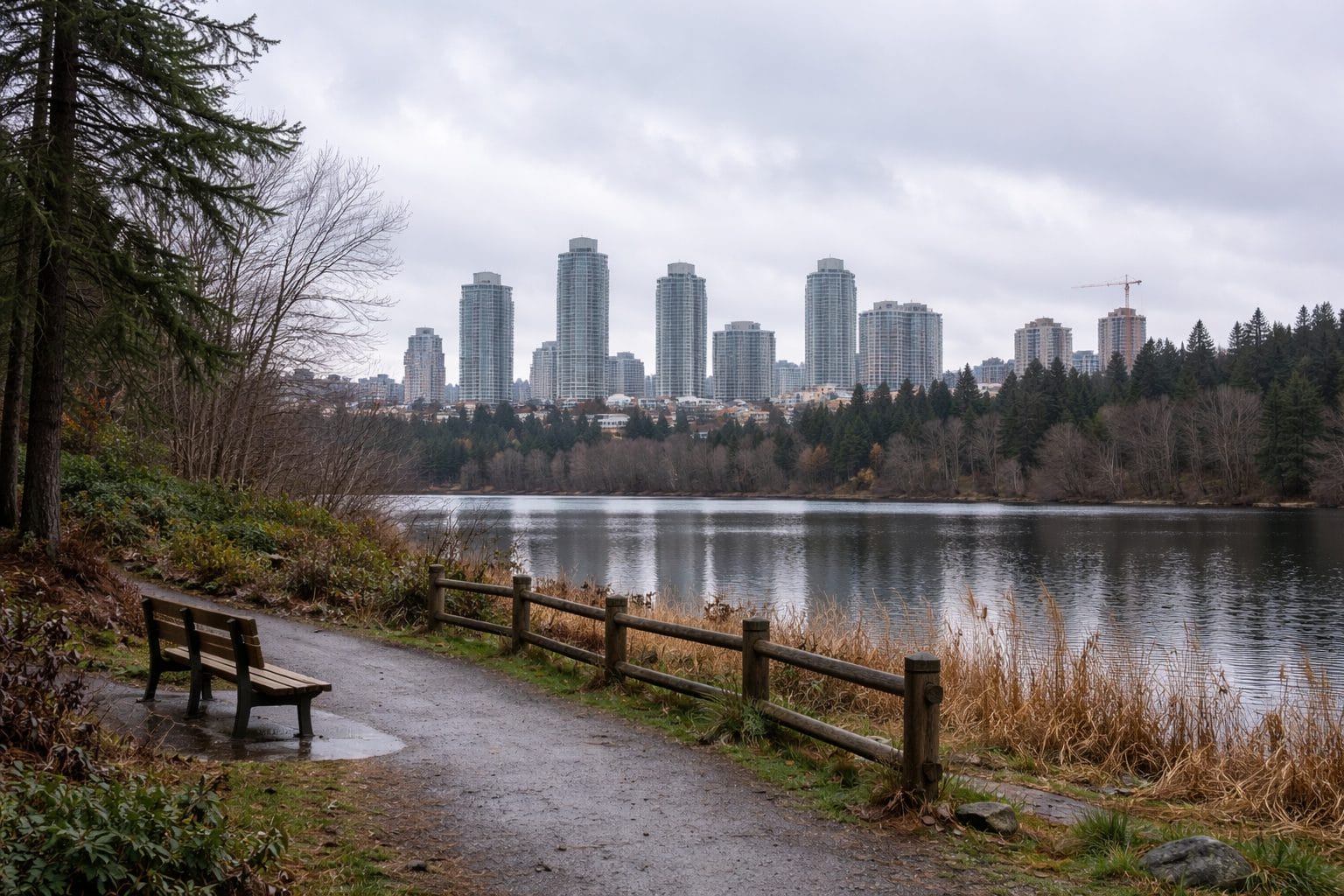 A park path with a bench overlooks a calm lake bordered by trees, with tall city buildings and cloudy skies in the background.