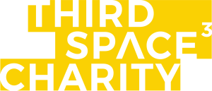 Bold white text reading "THIRD SPACE CHARITY" with a small superscript 3 after "SPACE", set against a bright yellow background, highlighting support from the Evergreen Foundation.